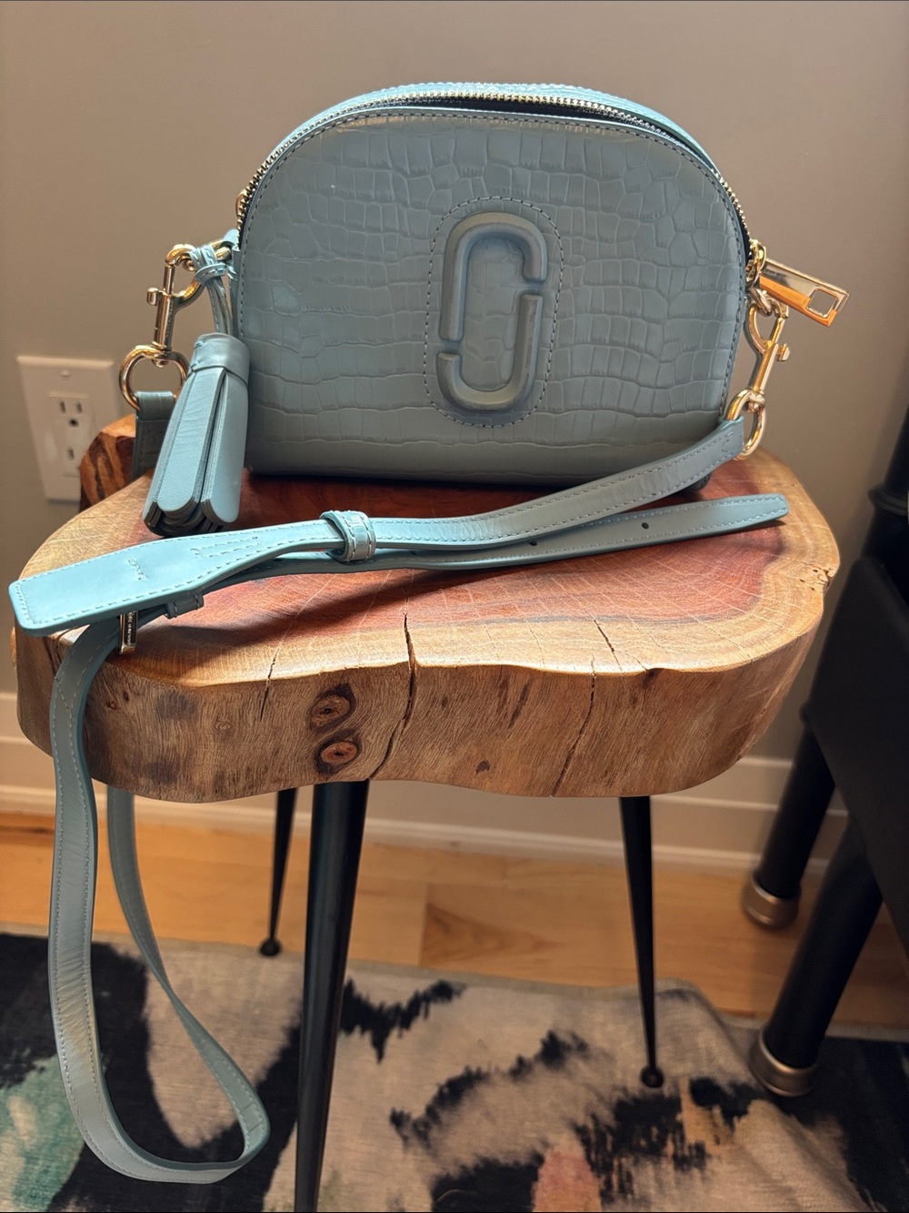 Marc Jacobs The Shutter Croc-embossed Leather Crossbody Bag In Stone Blue